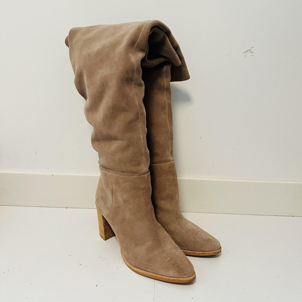 Jeffrey Campbell Boots Womens 11 Beige Suede Over Knee Slouch Block Heel Shoes